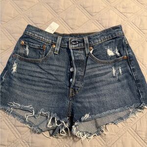 Distressed High-Rise Dark Blue Denim Shorts